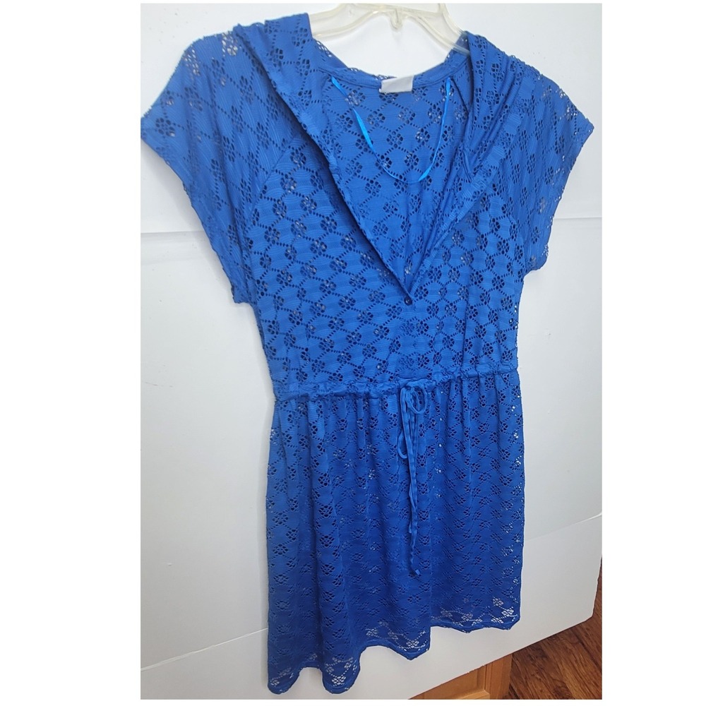 Profile by Gottex Swim Cover Up Women L Blue Hooded Lace Dress Cruise Boho Beach - Picture 4 of 10